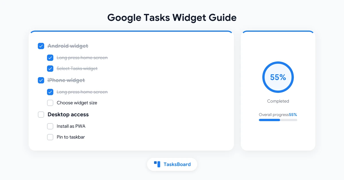 Google Tasks 위젯 추가 방법: 안드로이드, 아이폰, 데스크톱에서 설정하기 (2026)