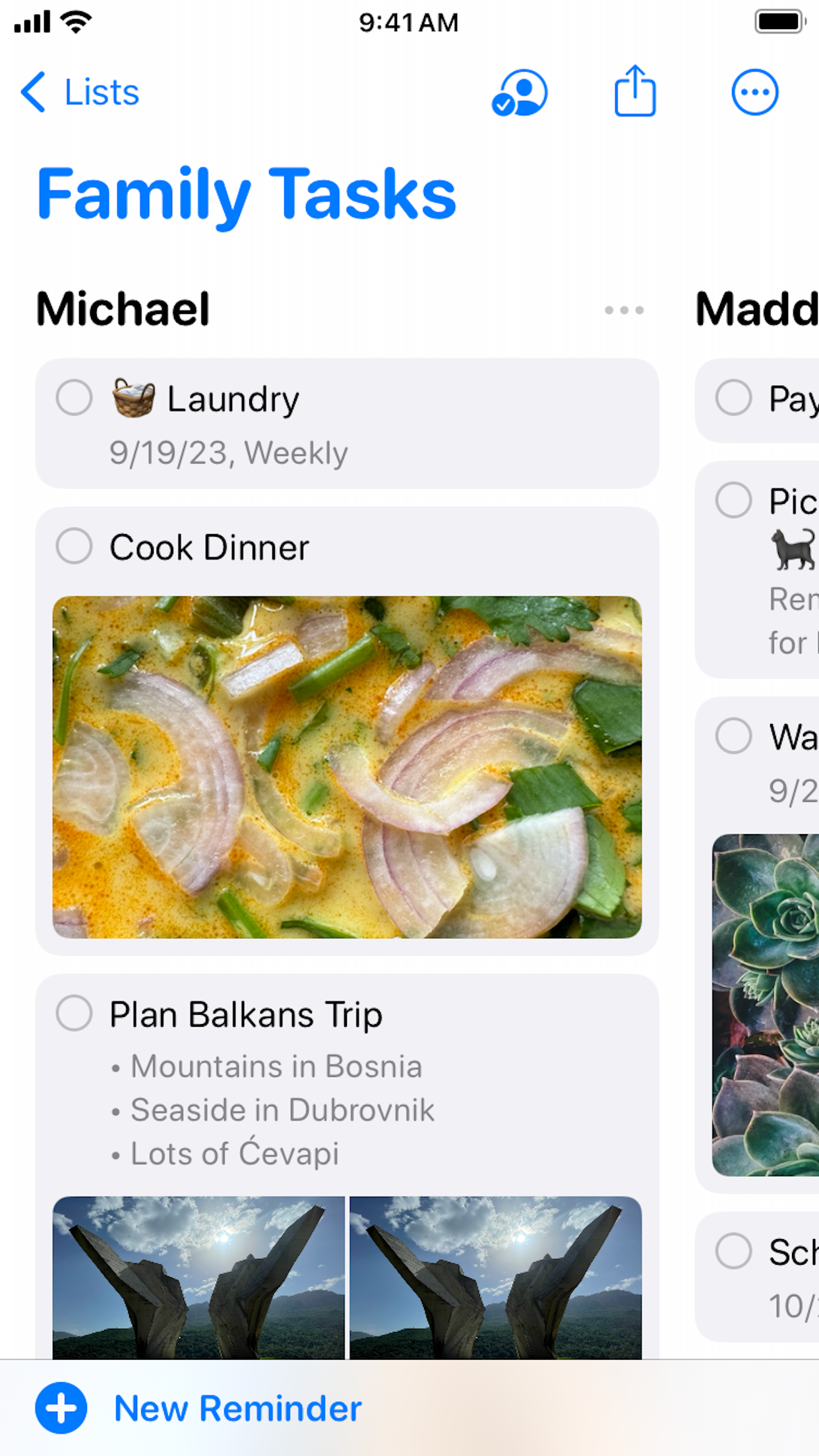 Official Apple Reminders column view for shared Family Tasks