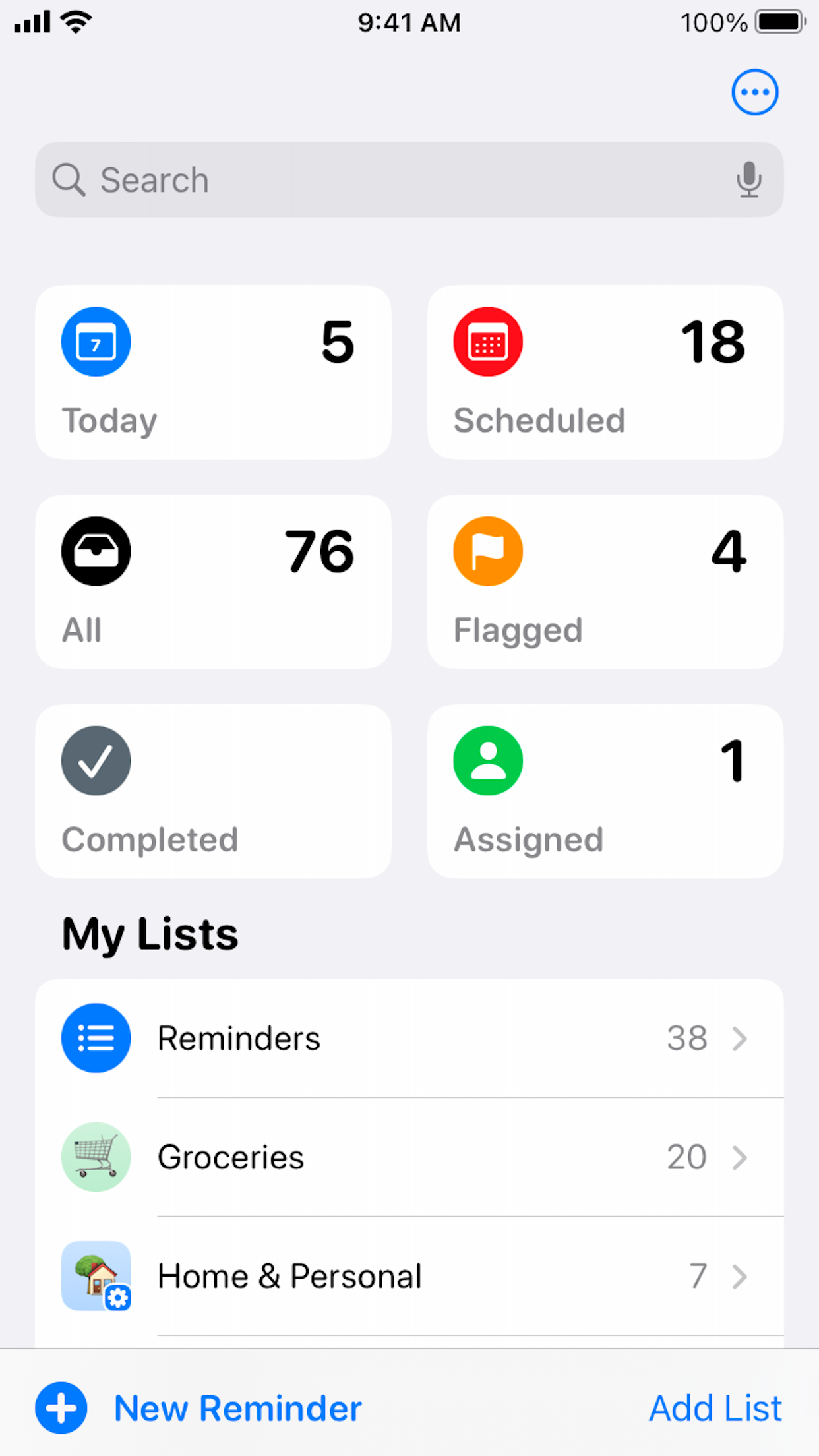 Official Apple Reminders App Store screenshot of the iPhone lists home screen