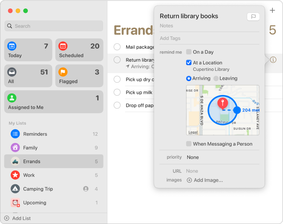Apple Support screenshot of a location-based reminder with map radius