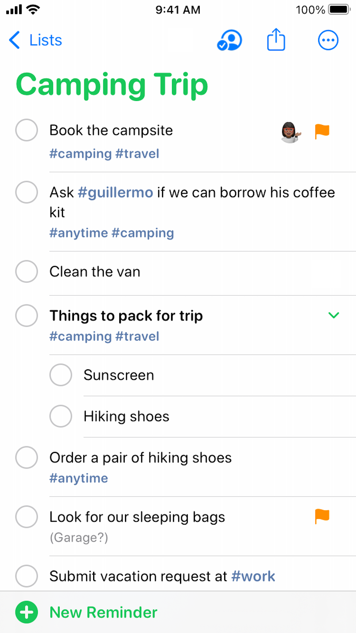 Apple Reminders family list shared via iCloud