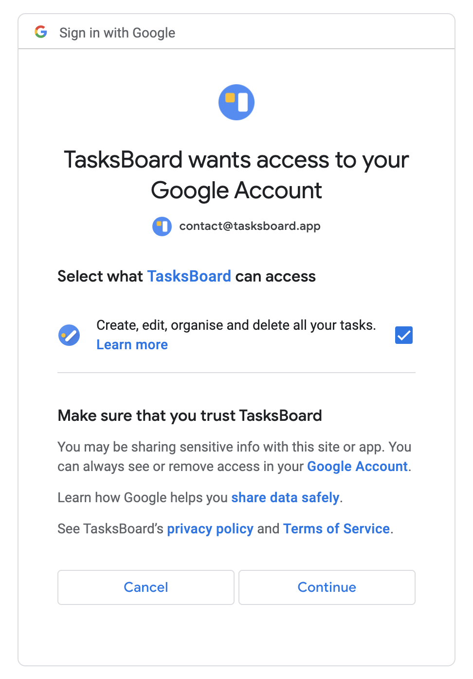 Remove TasksBoard access on Google account permissions page