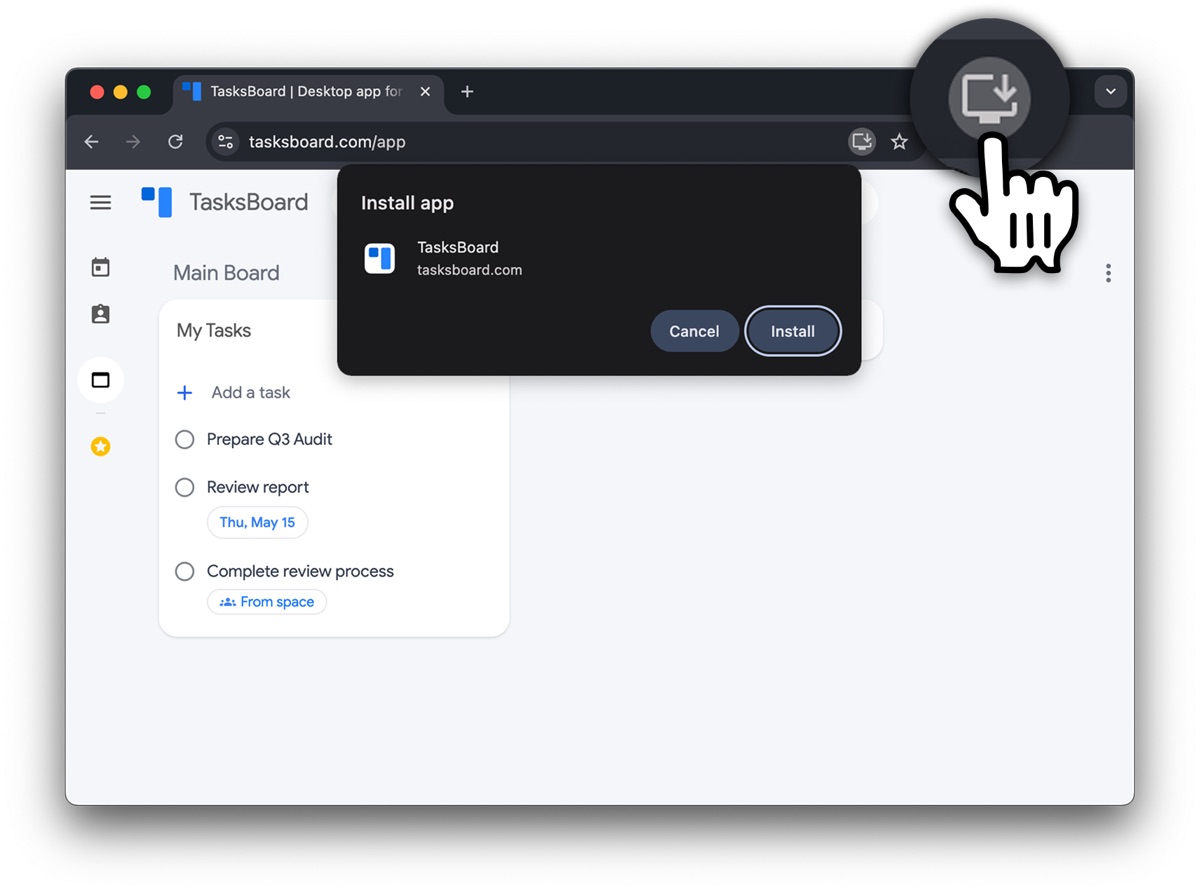 Installing TasksBoard as a Google Tasks desktop app from the Chrome address bar